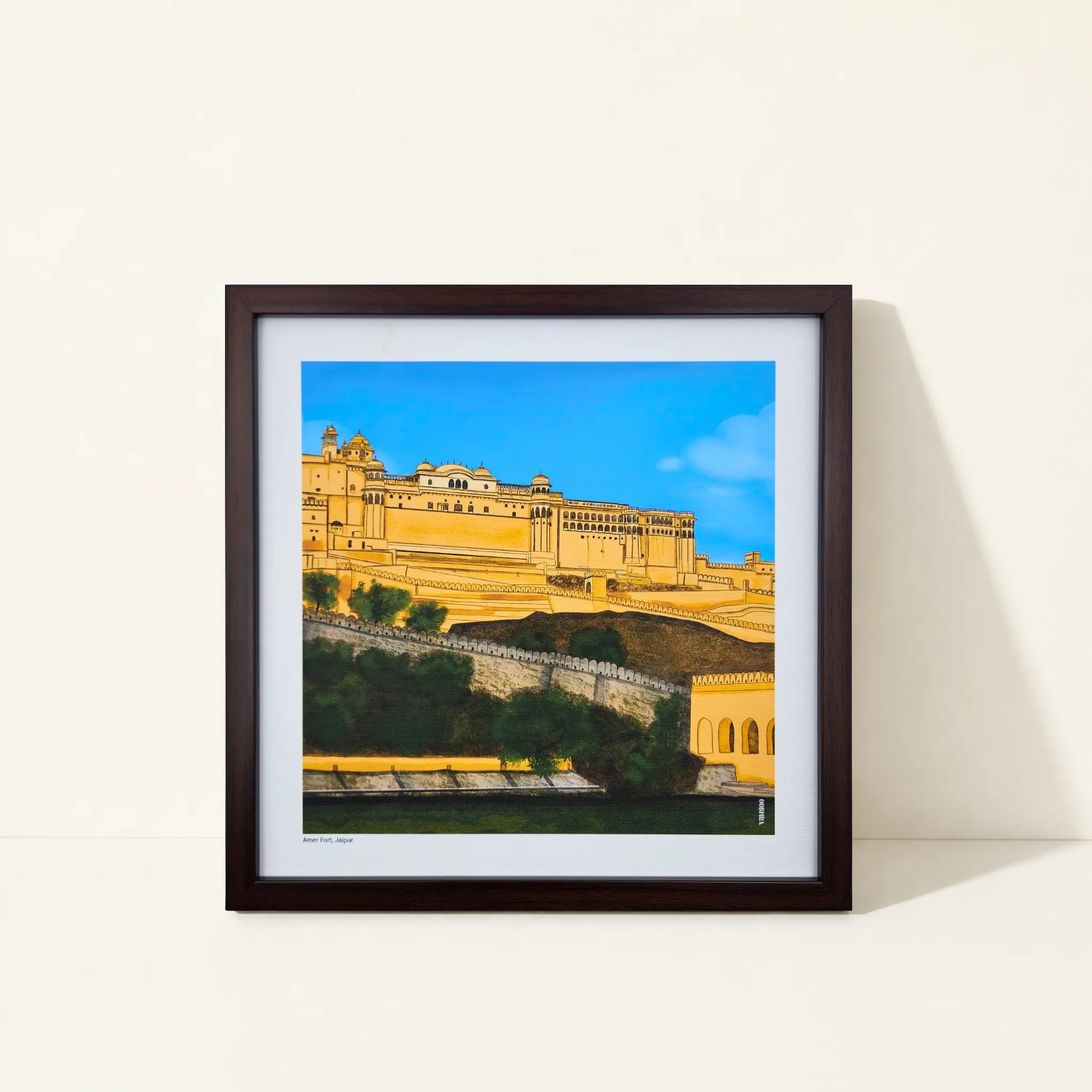 Framed canvas wall art featuring original artwork inspired by Amer Fort, Jaipur, India.