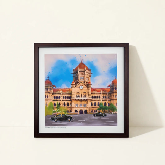 Framed canvas wall art featuring original artwork inspired by Chhatrapati Shivaji Maharaj Terminus, Mumbai, India.