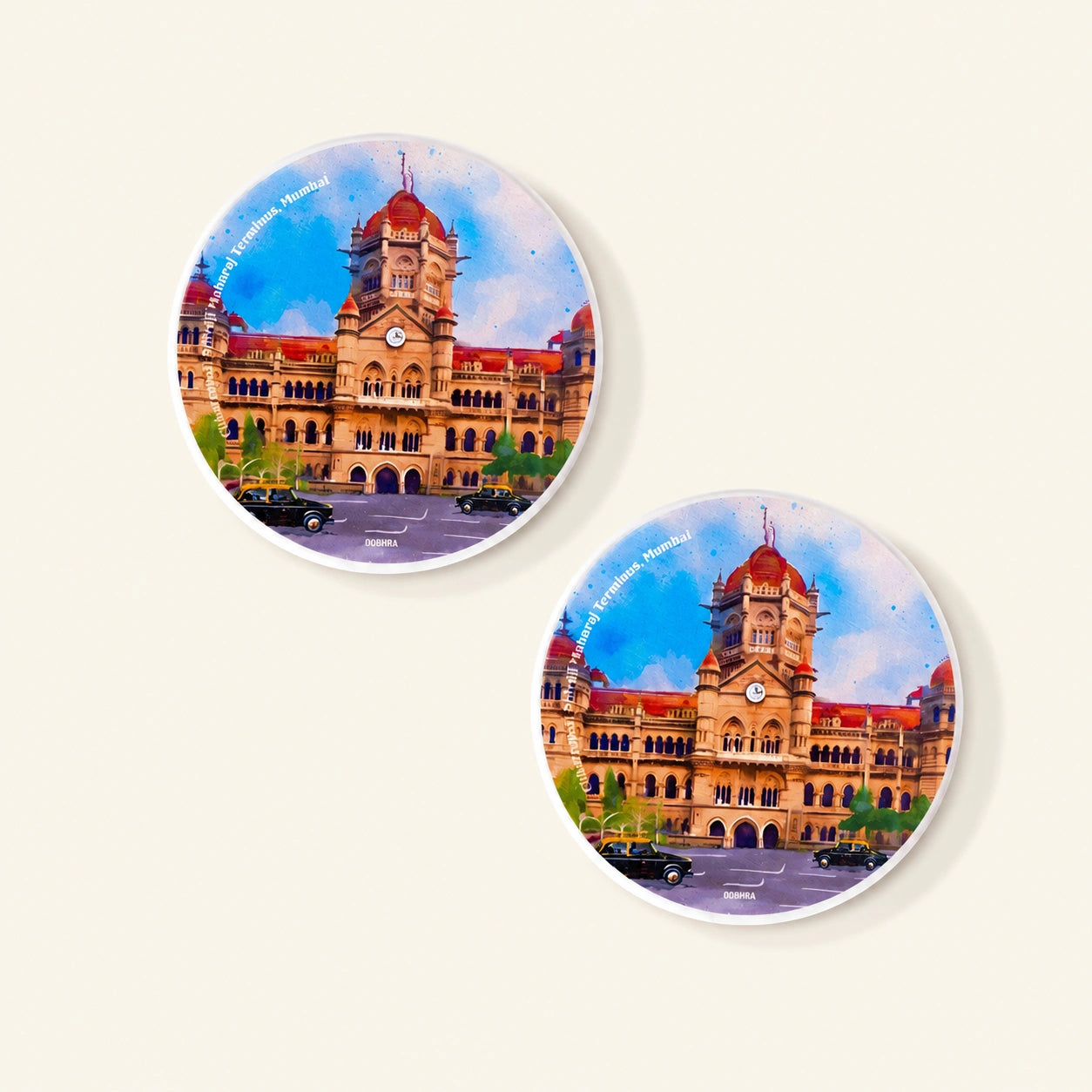 Diatom coaster featuring original artwork of Chhatrapati Shivaji Terminus in Mumbai.