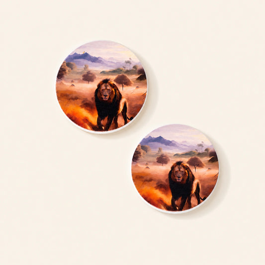 Diatom coaster featuring original artwork inspired by Gir National Park, home of the Asiatic lion.