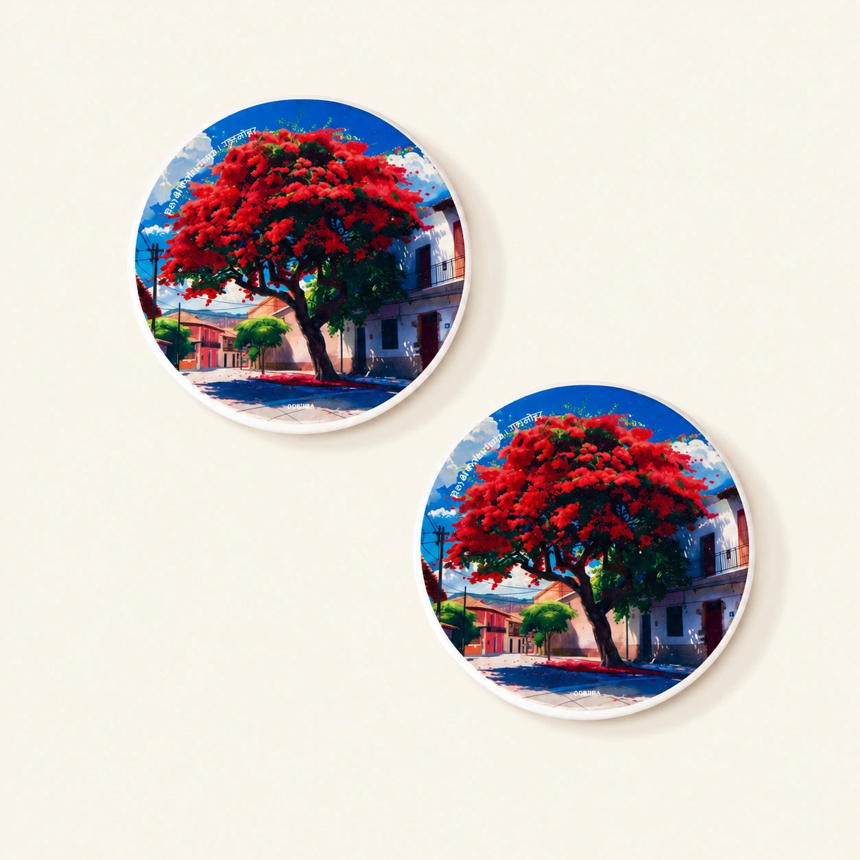 Diatom coaster featuring original artwork of blooming Gulmohar flowers.