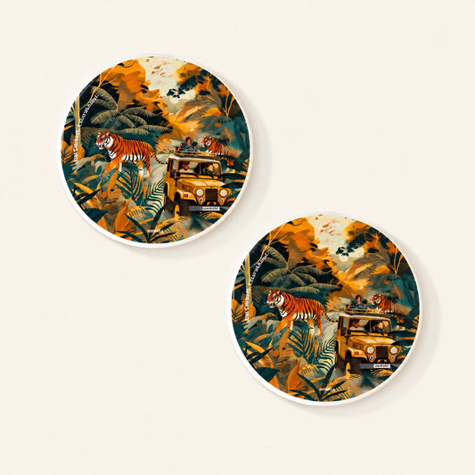 Diatom coaster featuring original artwork inspired by Jim Corbett National Park, Uttarakhand.
