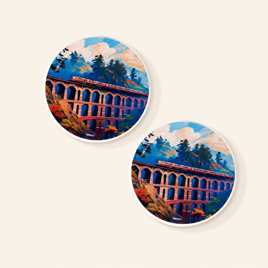 Diatom coaster featuring original artwork inspired by the Kalka–Shimla Railway.