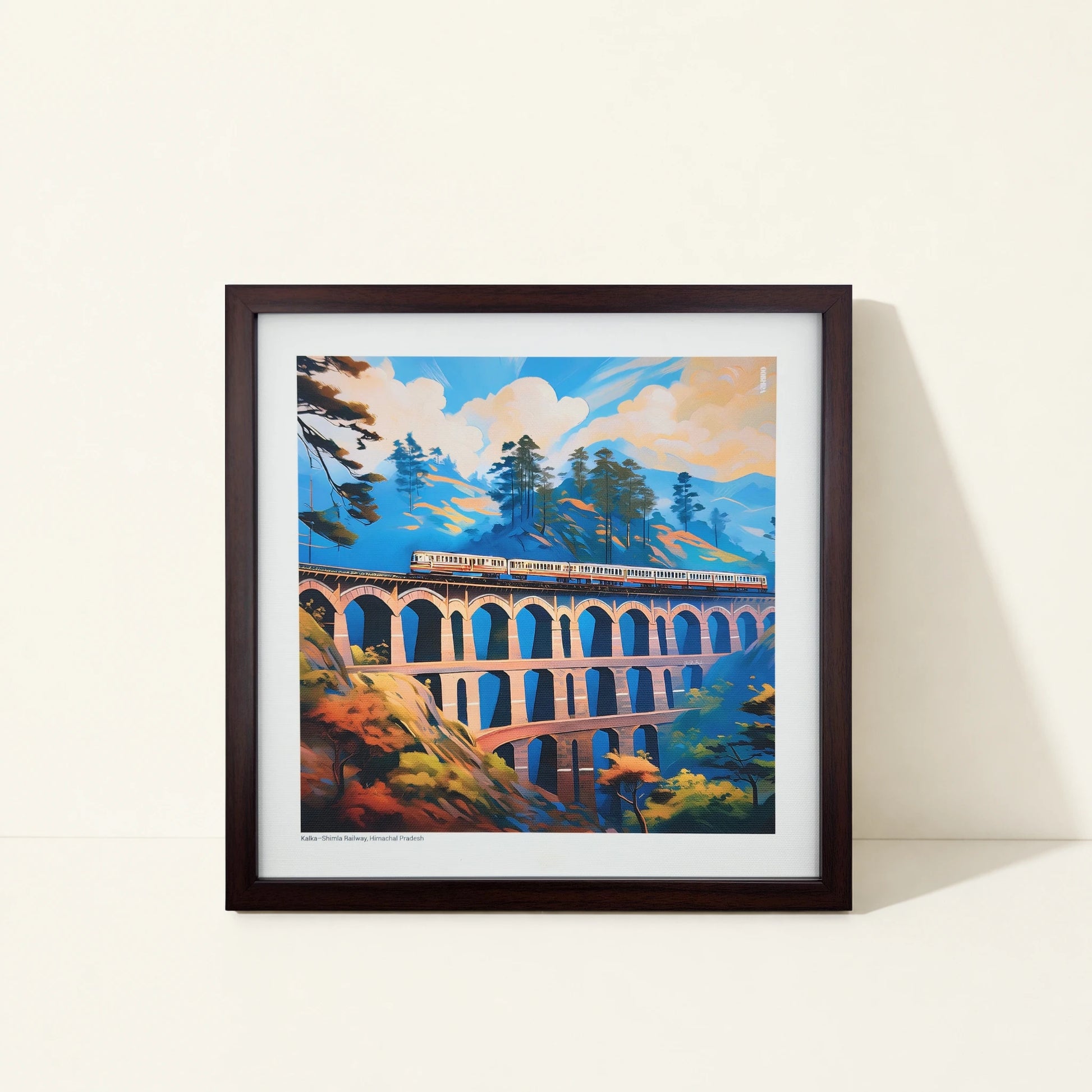 Framed canvas wall art featuring original artwork inspired by Kalka Shimla Railway, India.