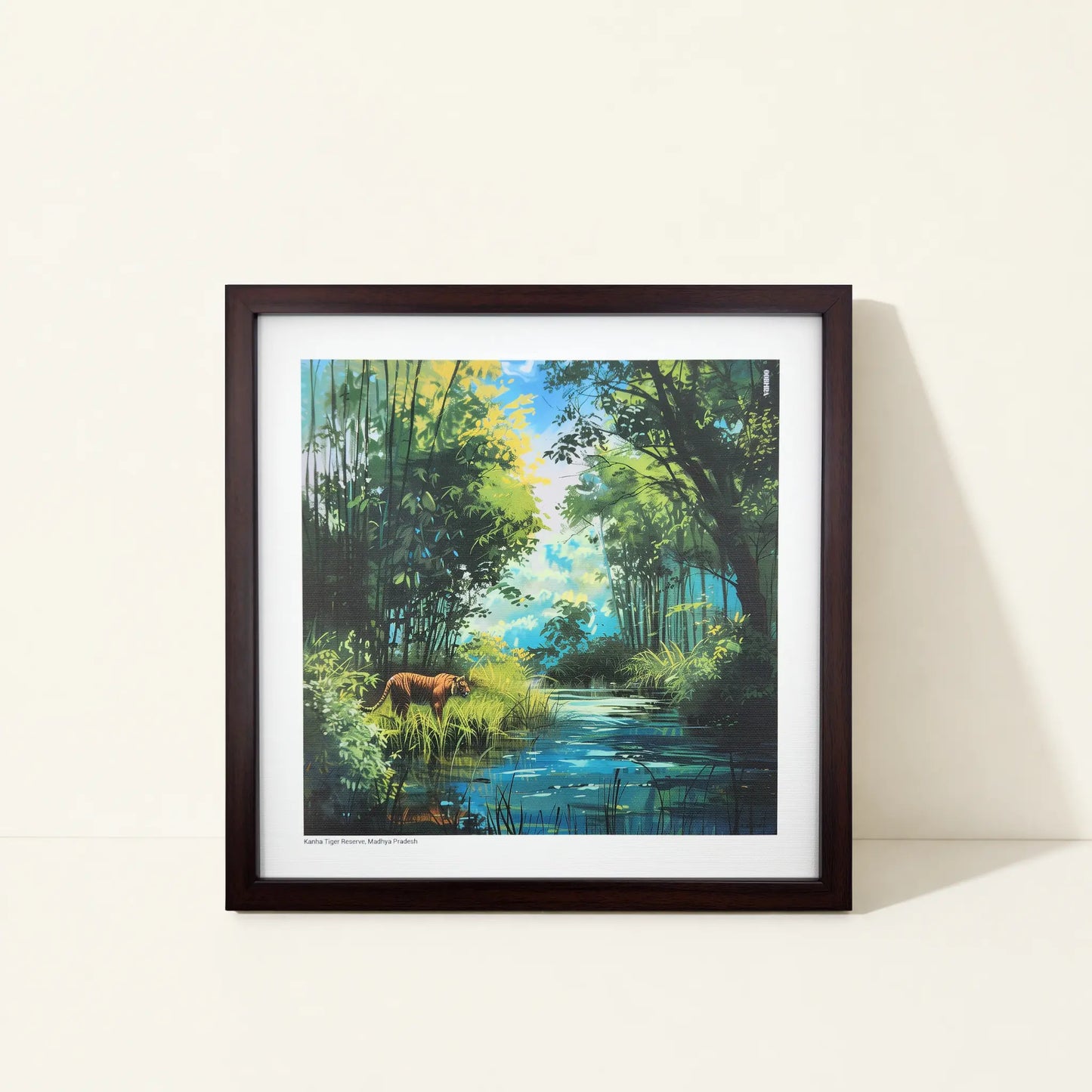 Framed canvas wall art featuring original artwork inspired by Kanha Tiger Reserve, India.