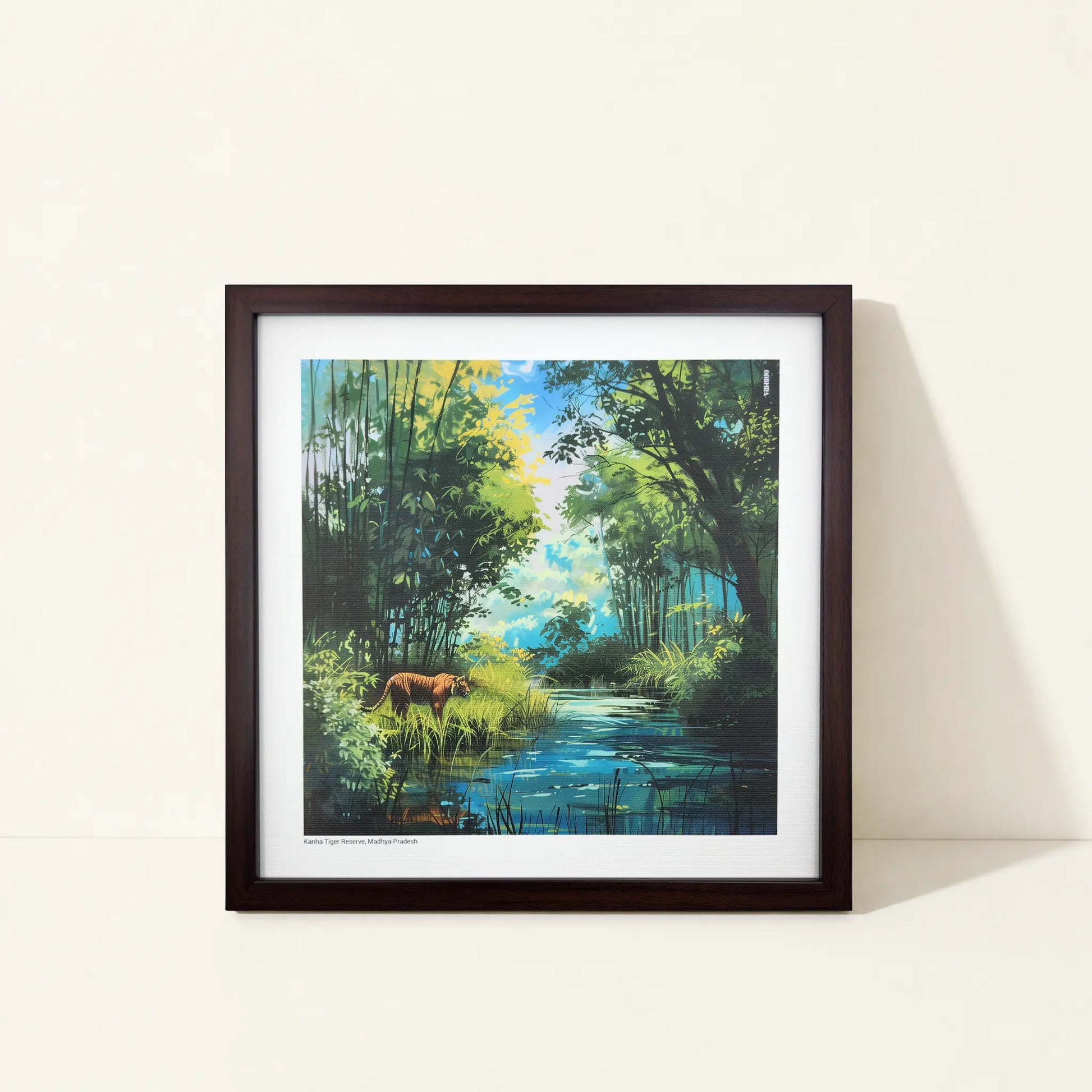 Framed canvas wall art featuring original artwork inspired by Kanha Tiger Reserve, India.