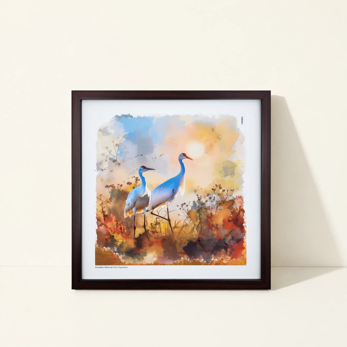 Framed canvas wall art featuring original artwork inspired by Keoladeo National Park, India.