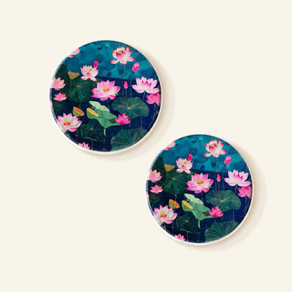 Diatom coaster featuring original artwork of the lotus flower.