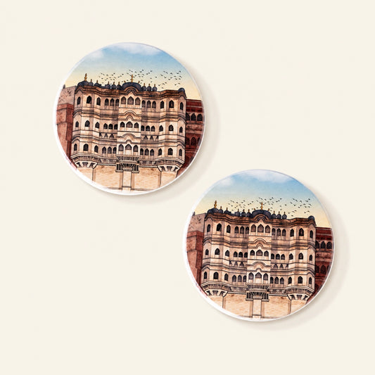 Diatom coaster featuring original artwork of Mehrangarh Fort in Jodhpur.