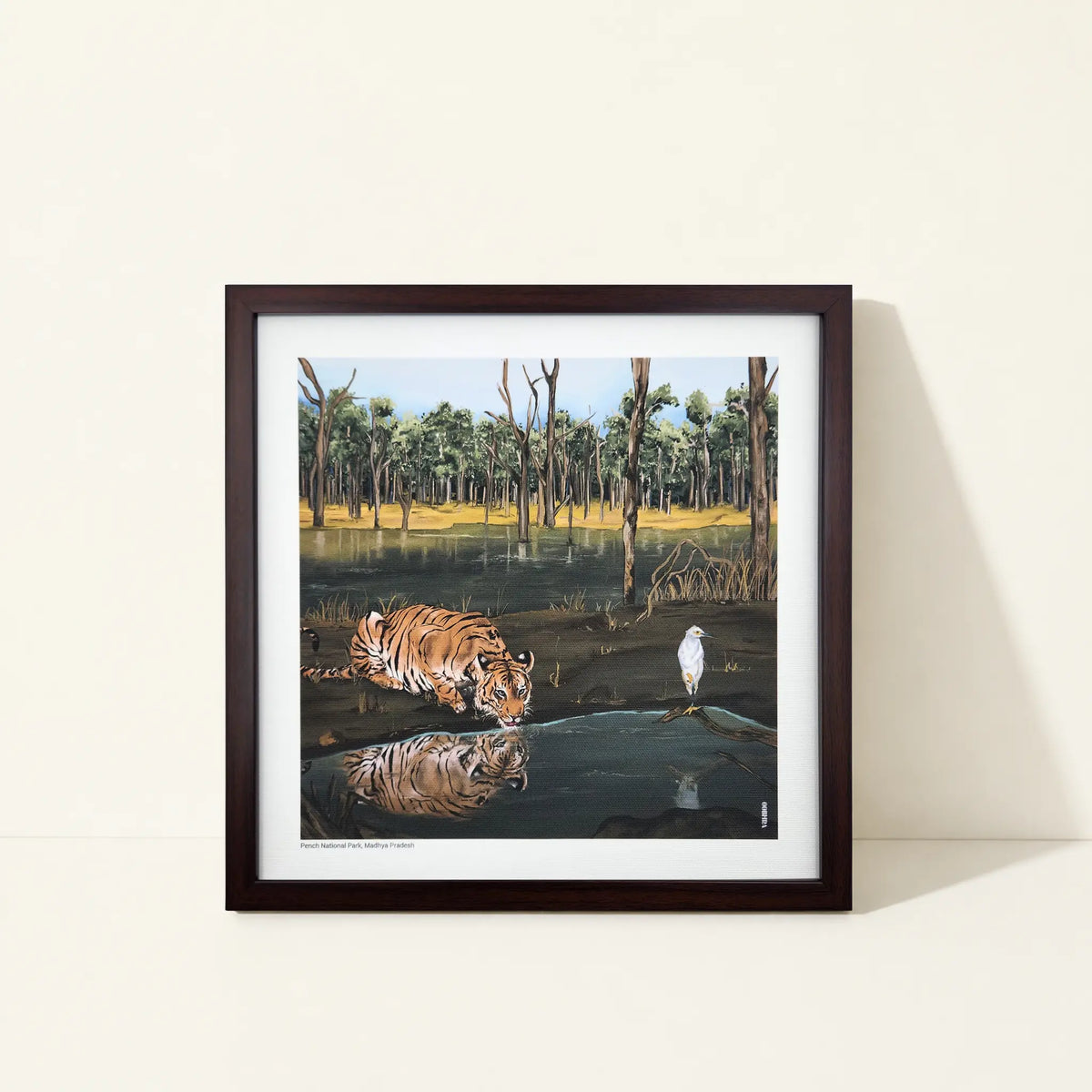 Framed canvas wall art featuring original artwork inspired by Pench Tiger Reserve, India.