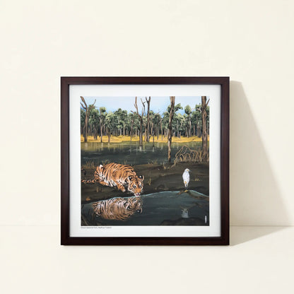 Framed canvas wall art featuring original artwork inspired by Pench Tiger Reserve, India.