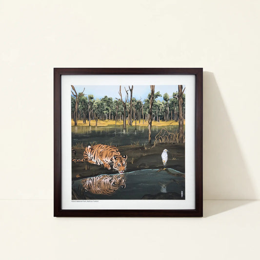 Framed canvas wall art featuring original artwork inspired by Pench Tiger Reserve, India.