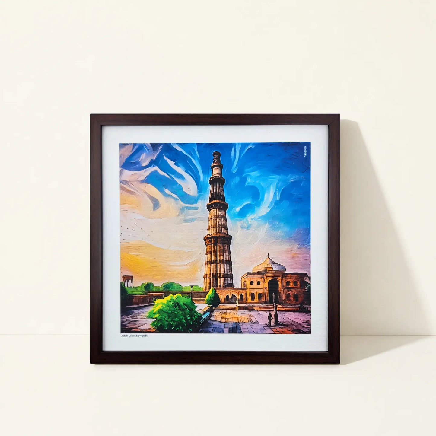 Framed canvas wall art featuring original artwork inspired by Qutub Minar, New Delhi, India.