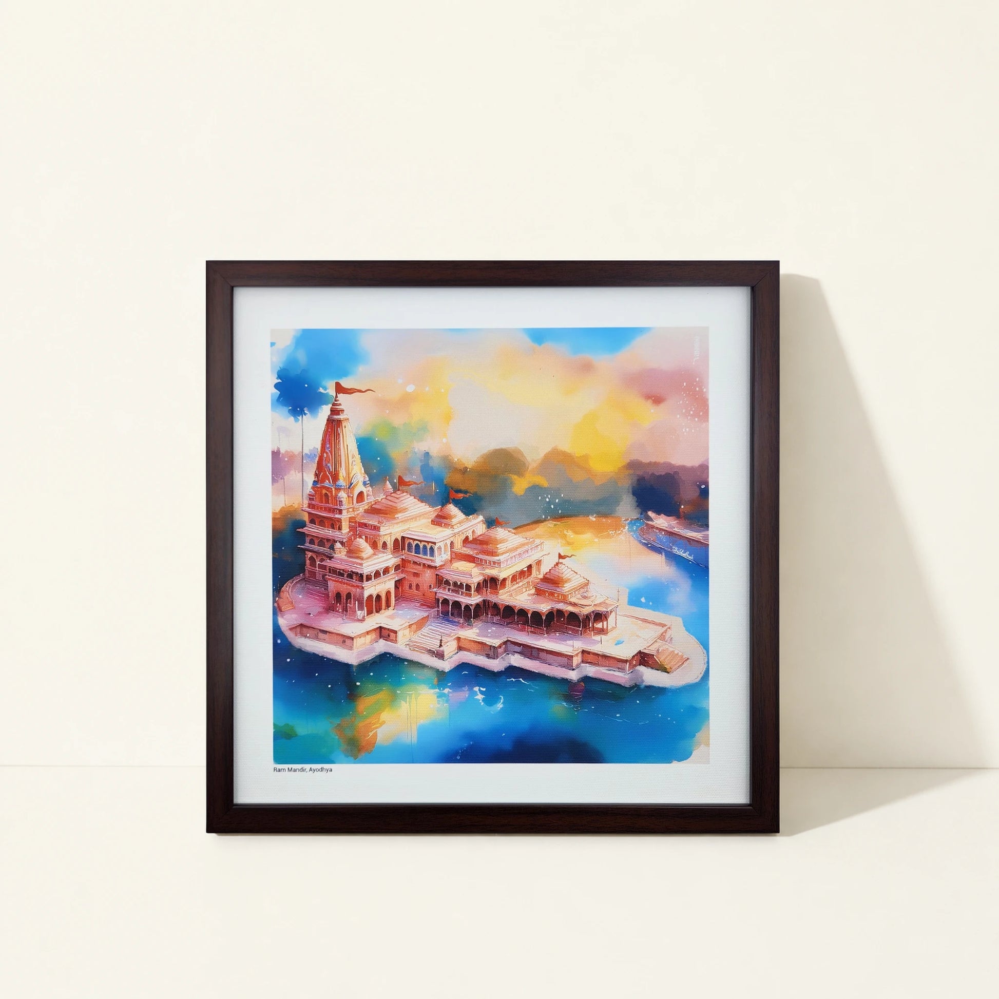Framed canvas wall art featuring original artwork inspired by Ram Mandir, India.