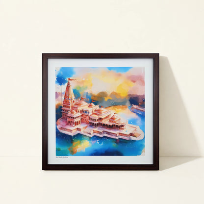 Framed canvas wall art featuring original artwork inspired by Ram Mandir, India.