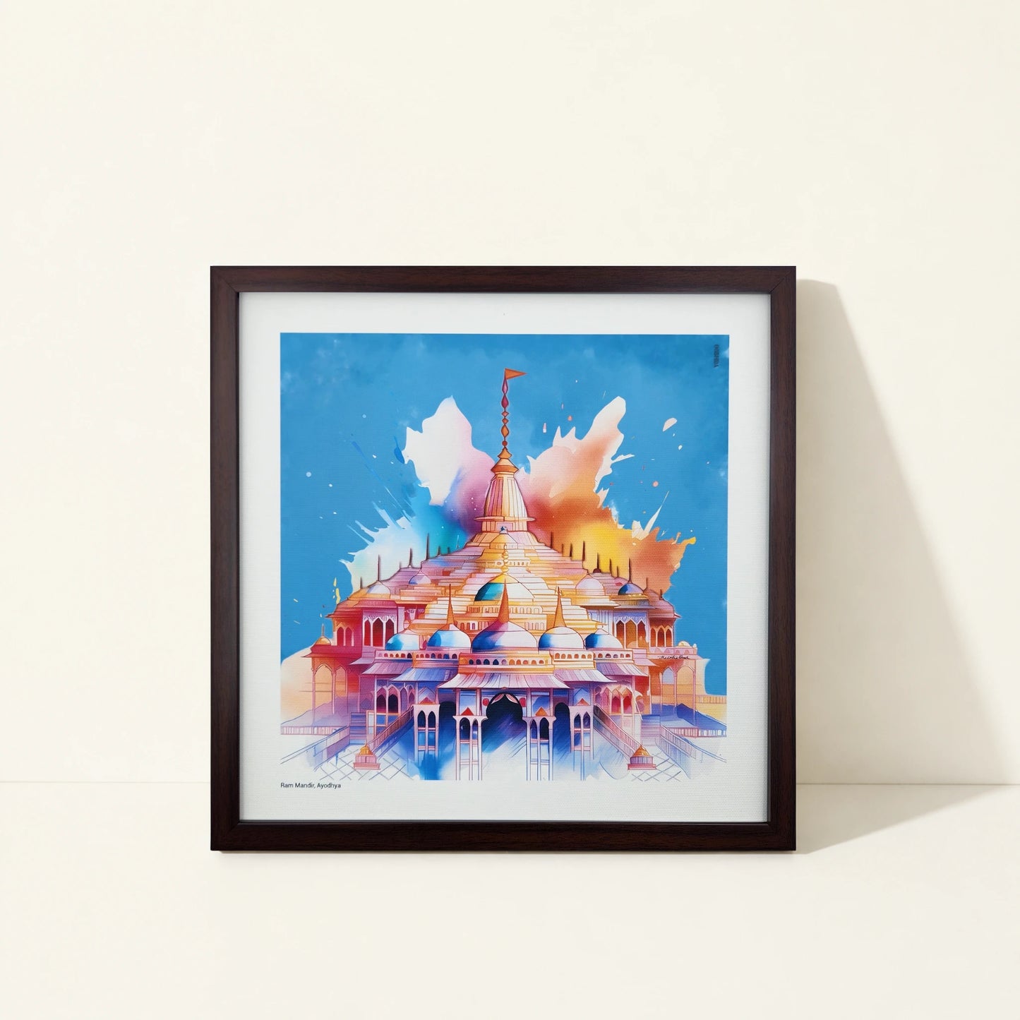 Framed canvas wall art featuring original artwork inspired by Ram Mandir, India.