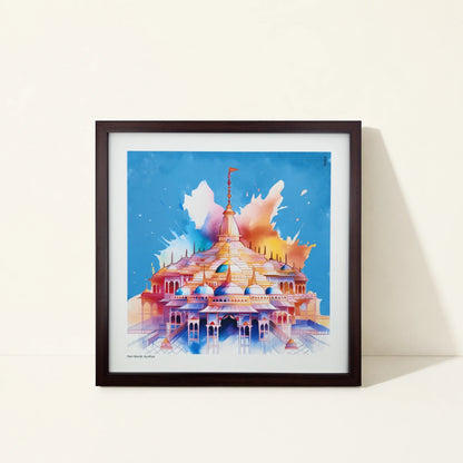 Framed canvas wall art featuring original artwork inspired by Ram Mandir, India.