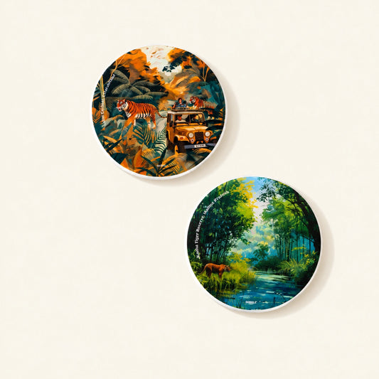 Diatom coaster featuring original artwork celebrating India's tiger reserves.