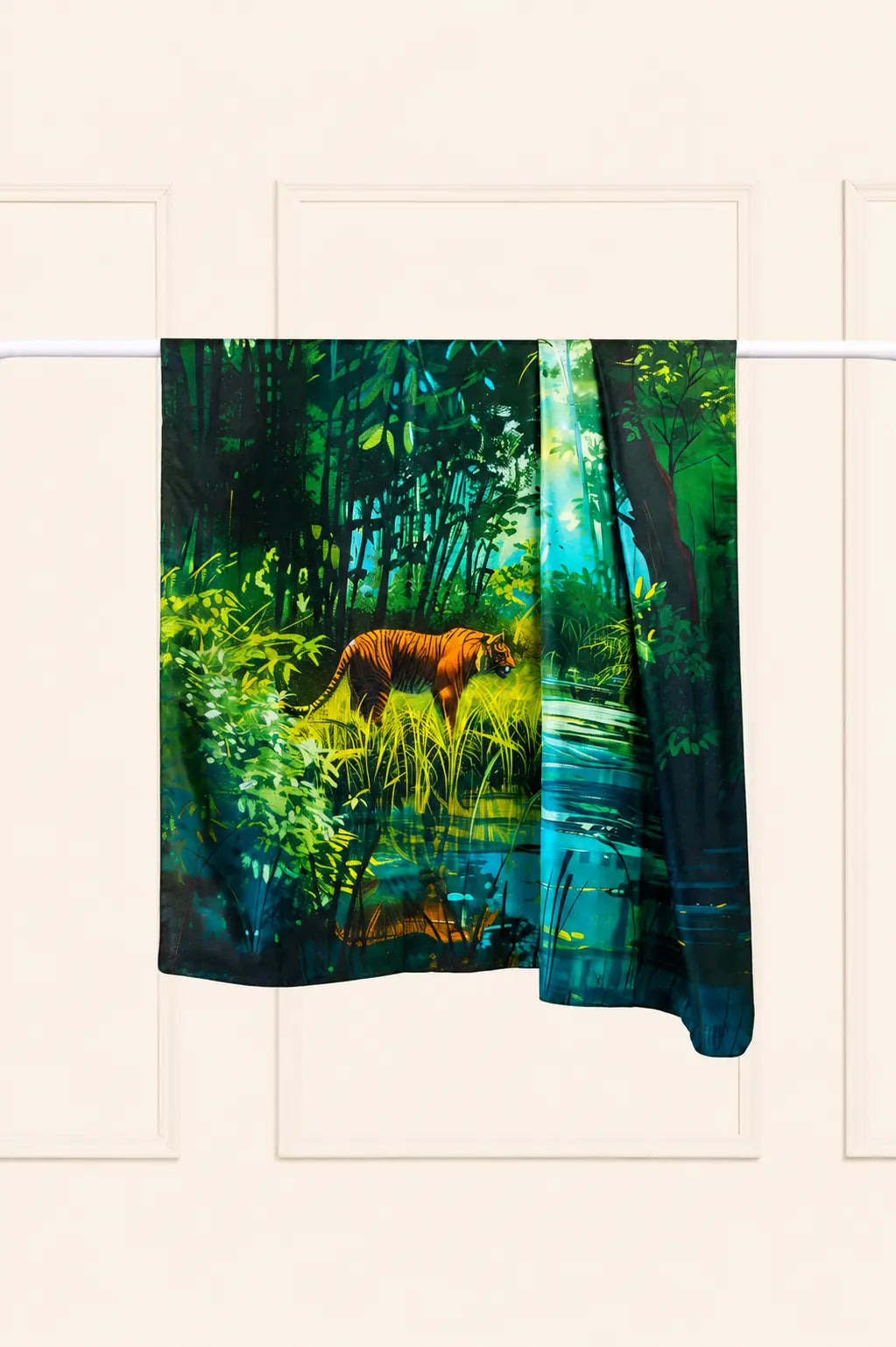 100% silk scarf featuring original artwork inspired by Kanha Tiger Reserve.