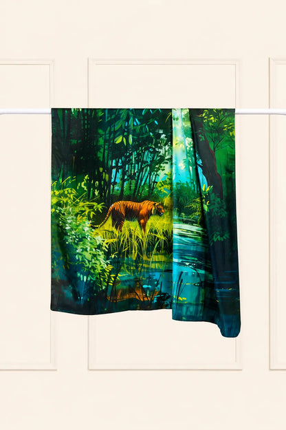 100% silk scarf featuring original artwork inspired by Kanha Tiger Reserve.