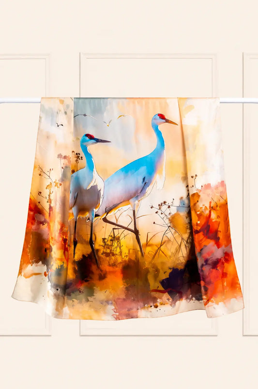 100% silk scarf featuring original artwork inspired by Keoladeo National Park.
