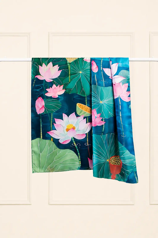 100% silk scarf featuring original artwork inspired by the lotus flower.
