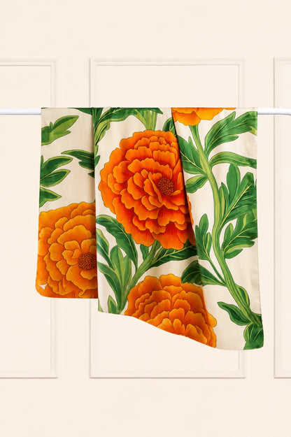 100% silk scarf featuring original artwork inspired by vibrant marigold flowers.