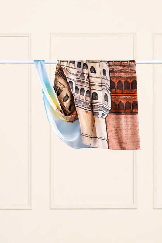 100% silk scarf featuring original artwork of Mehrangarh Fort in Jodhpur.